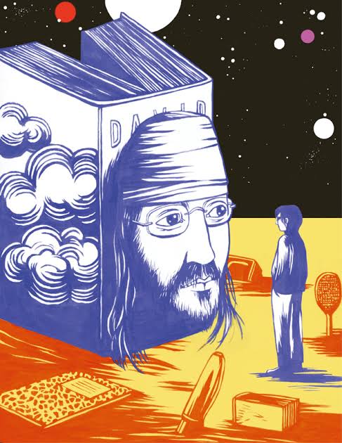 Illustration of David Foster Wallace's bandana-wearing head as a book, facing a small figure under a starry sky