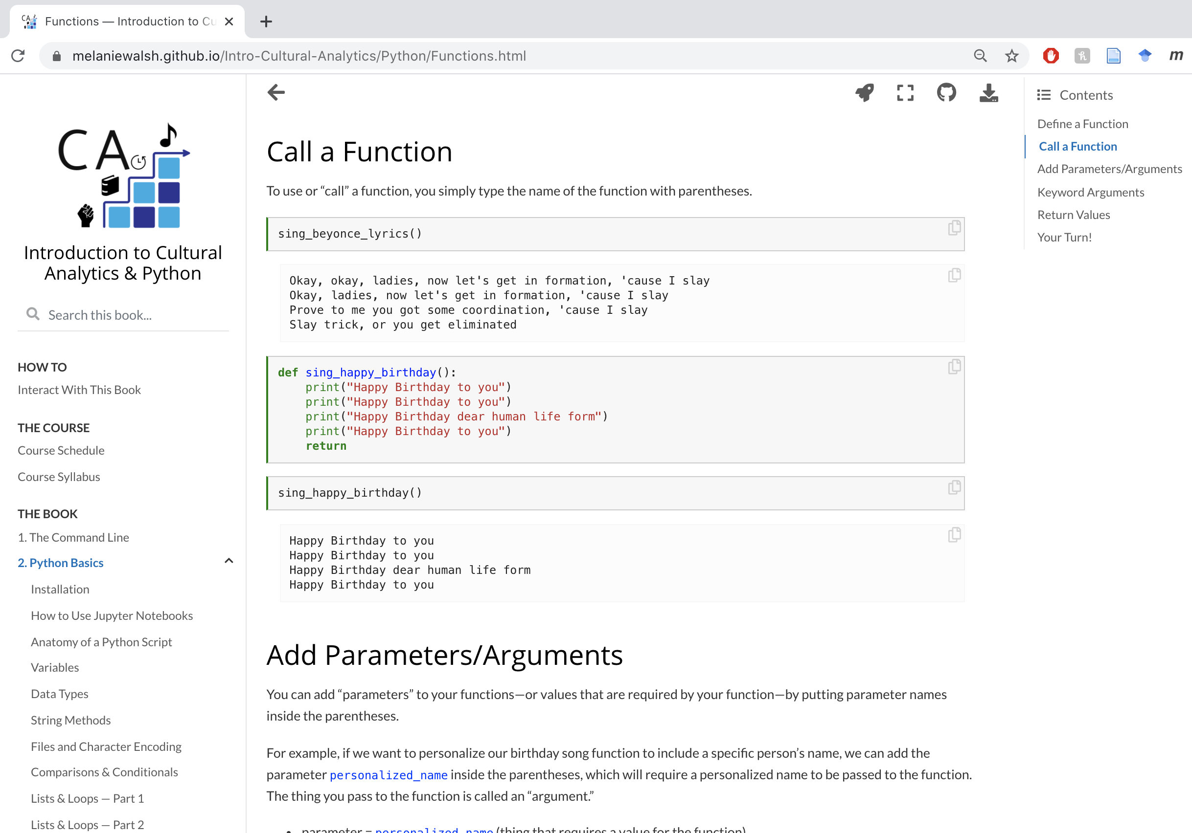 Python functions Jupyter notebook published as a page in *Introduction to Cultural Analytics & Python*